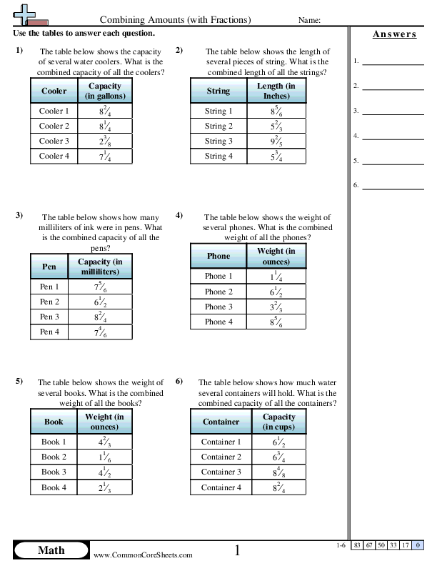 Fraction Worksheets - Combining Amounts worksheet